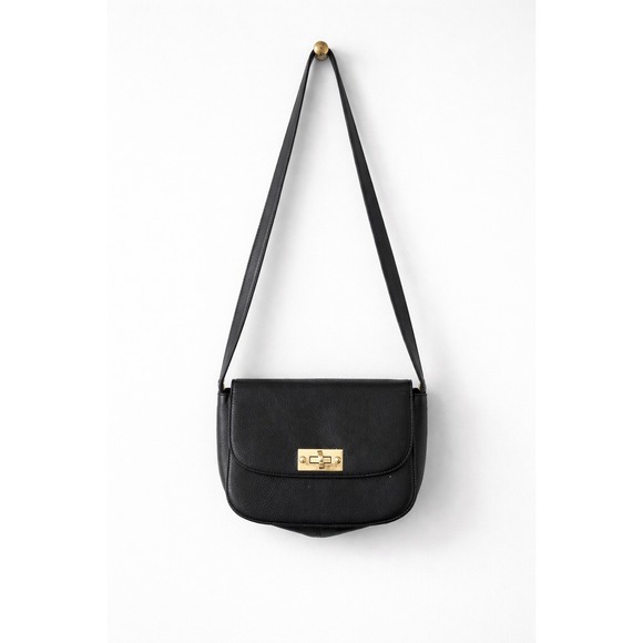 Selected Femme Handbags - Black Faux Leather Crossbody Bag Gold Tone Turn Lock Flap Shoulder Bag Women